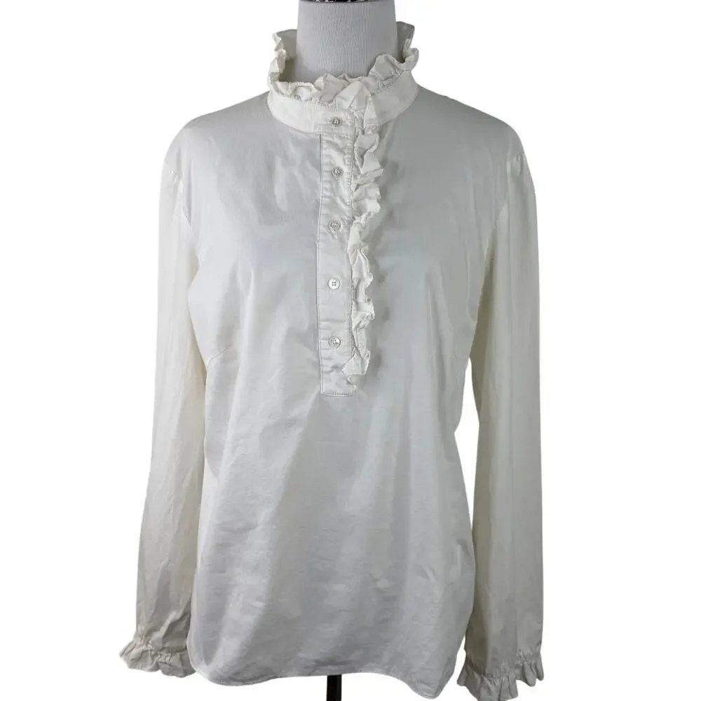 Tory Burch Women's White Ruffle Neck Long Sleeve Blouse Shirt Size 10